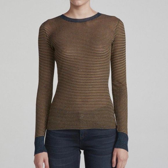 rag & bone Tops - Rag & Bone Denim Blue Raina Blue & Gold Striped Crew Neck Top Small NWT New
